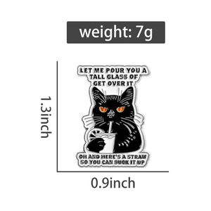 Detail view of funny black cat enamel pin with dimensions 1.3x0.9 inch and 7g weight