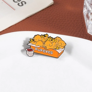 Creative cartoon puppy nuggets enamel pin featuring cute golden retriever fried chicken box