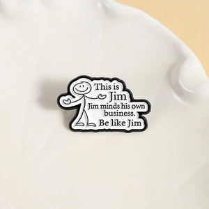 Minimalist enamel pin featuring Jim character and humorous quote on a white ceramic plate