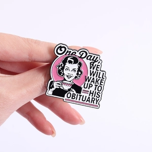 Retro woman drinking coffee enamel brooch with funny quote shown on a hand