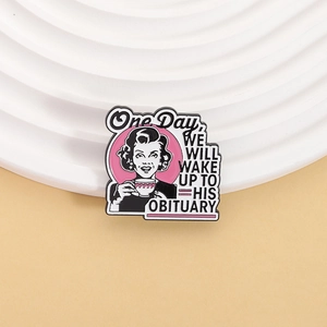 Detail of a vintage enamel brooch featuring a woman drinking coffee and text on a tray