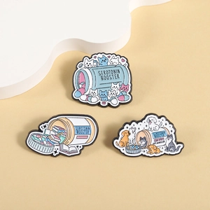 Three creative enamel pins featuring medicine bottles with cats and books serotonin booster