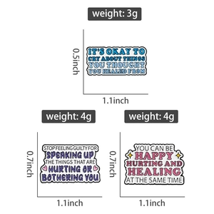 Detailed size chart for mental health enamel pins with English motivational quotes