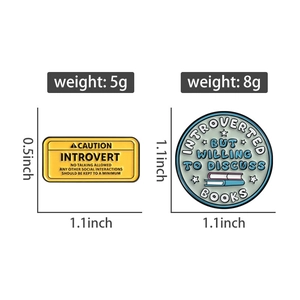 Detailed size and weight chart for enamel slogan pins including introvert and book themes