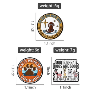 Detailed view of dog-themed enamel pins with funny quotes and creative animal designs