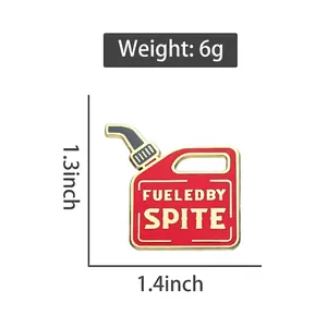 Red paint bucket enamel pin with 'Fueled by Spite' text and dimensions 1.3x1.4 inches