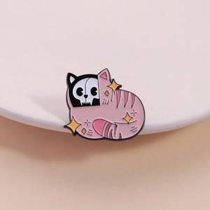 Pink Skeleton Cat Enamel Pin Gothic Horror Cute Animal Metal Badge Striped Kitty Brooch For Backpack Clothing Unisex Jewelry