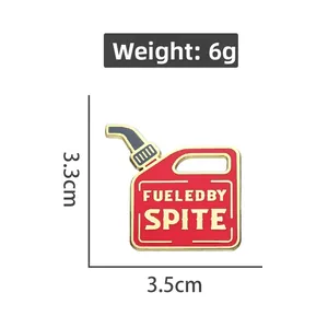 Detail view of red oil can enamel pin with Fueled by Spite text showing size and 6g weight