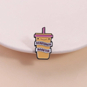 Cartoon enamel brooch featuring a serotonin booster cup design in vibrant colors
