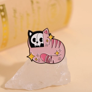 Funny double-sided cat enamel pin with skull and stripe design for bag decoration