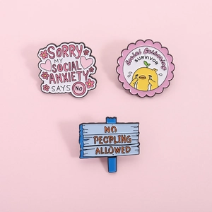 Set of 3 social anxiety enamel pins with funny quotes on pink background for bags