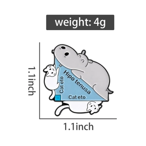 Detailed view of enamel pin with hippo and cat puns on a geometric triangle design