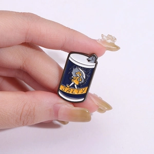 Cute salt can enamel brooch with girl illustration and SALTY text on blue alloy badge