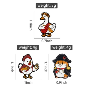 Macro detail of cartoon animal enamel pins featuring goose and hamster officer designs