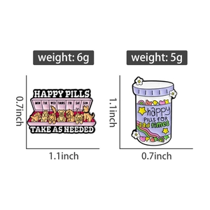 Detailed size specifications for cute dog schedule and rainbow medicine bottle enamel pins