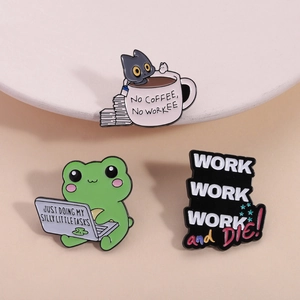 Funny animal office pins set with cat, frog and witty work-themed slogans