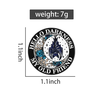 Detail of round gothic bat enamel pin with stars, moon, and flowers, 1.1 inch diameter