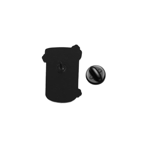 Detail of the black metal brooch back with rubber clutch fastener on white background
