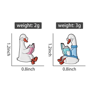 Detail view of cute goose enamel pins showing dimensions 1.2x0.8 inch and lightweight 2g/3g