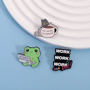 Three cute cartoon enamel pins featuring cat and frog designs for office work bag decor