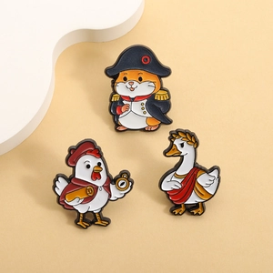 Three-piece cartoon animal enamel pin set featuring hamster officer, white chicken, and swan