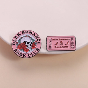 Pink Dark Romance Book Club Enamel Pins Pink Skull Rose Flower Round Badge Ticket Shaped Brooch Gothic Metal Badge Gift