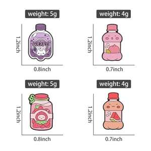 Detailed view of four colorful enamel fruit drink bottle pins with size and weight metrics