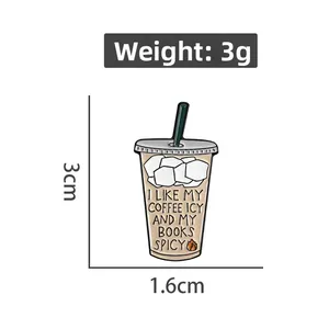 Detail view of iced coffee enamel pin with size measurements of 3cm by 1.6cm