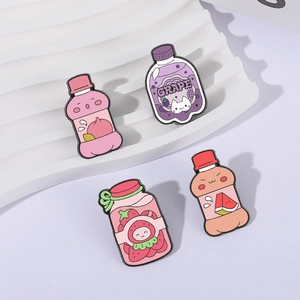 Cartoon fruit drink enamel pins set featuring peach grape watermelon and strawberry