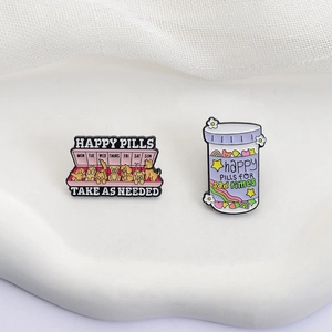 Cute happy pill enamel pins featuring golden retrievers and puppies in medical themes