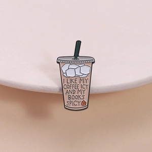 Cartoon iced coffee metal enamel pin with letter slogan on ceramic plate edge