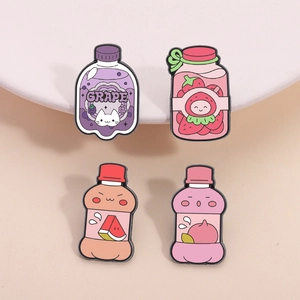 Set of 4 cute cartoon fruit beverage metal enamel pins featuring grape and strawberry designs