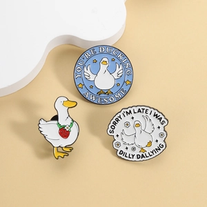 Three-piece cute enamel duck pins set with strawberry charm and funny motivational text
