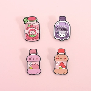 Cartoon Fruit Juice Bottle Enamel Pins Zinc Alloy Strawberry Grape Peach Watermelon Badges For Clothes Bag Decor Jewelry Gift