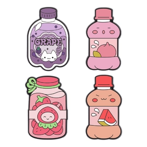 Cartoon fruit juice bottle enamel pins set featuring grape peach strawberry watermelon designs