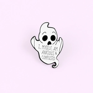Detail of cute ghost enamel pin with I Myself Am Anxious And Confused text