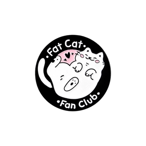 Cute Fat Cat Fan Club enamel pin brooch with minimalist black and white cartoon design