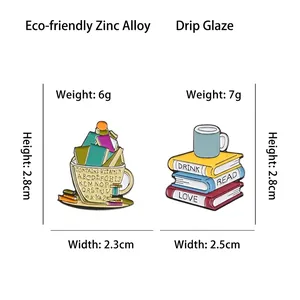 Pins émaillés créatifs en alliage de zinc avec motifs de livres et tasses de café