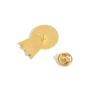 Gold medal enamel pin back view with butterfly clasp on a minimalist white background