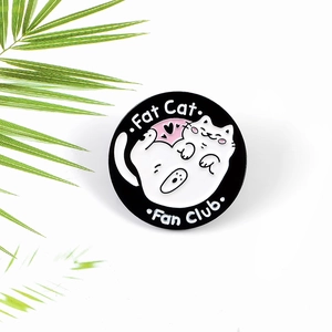 Fat Cat Fan Club enamel pin with cute cartoon white cat and pink hearts on black