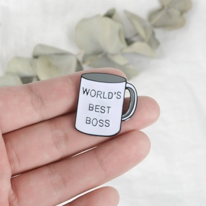 Enamel World's Best Boss mug brooch pin in white and black alloy finish