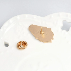Detailed back view of gold-colored enamel pin with secure metal butterfly clasp
