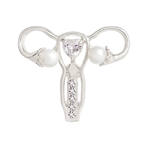 Artistic uterus shaped silver brooch with heart crystal and pearl accents for women