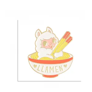 Detailed view of llama ramen bowl enamel pin made of gold finish zinc alloy