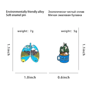 Size chart showing alloy enamel pins with landscape lung and explore cup designs