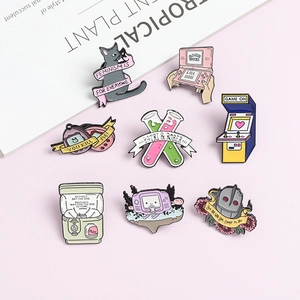 Set of 8 colorful retro gaming enamel pins featuring black cat and mini arcade designs