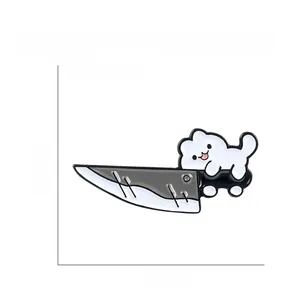 Funny cartoon cat with knife enamel pin badge showing 1.2x0.5 inch dimensions