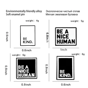 Size and weight specifications for Be A Nice Human enamel brooches in four styles