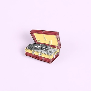 Retro suitcase record player enamel brooch with vintage vinyl theme and red finish