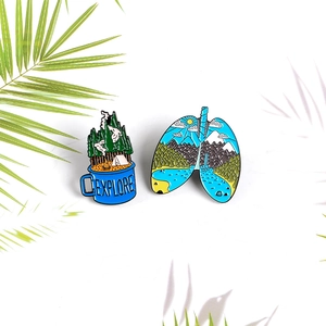 Creative nature explorer enamel pins set with outdoor mountain scenery and campfire cup